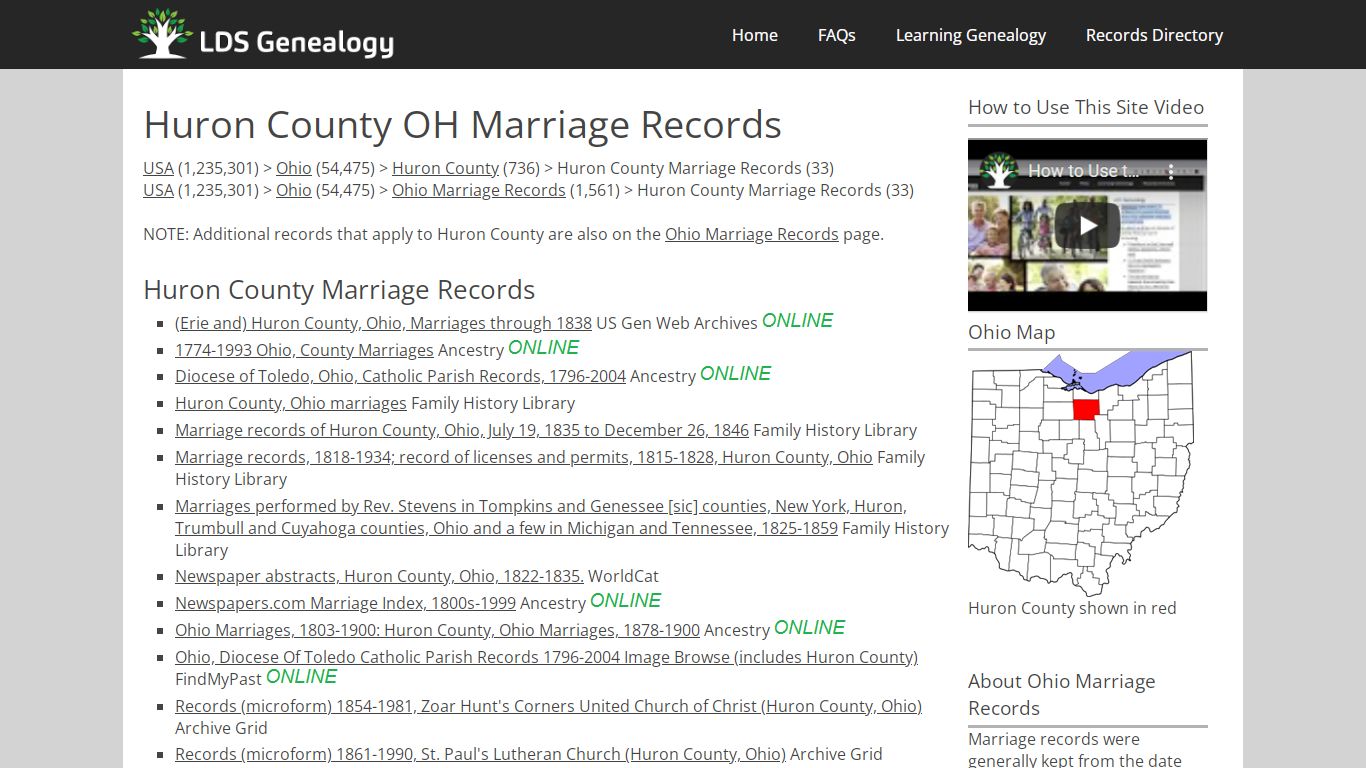 Huron County OH Marriage Records - LDS Genealogy